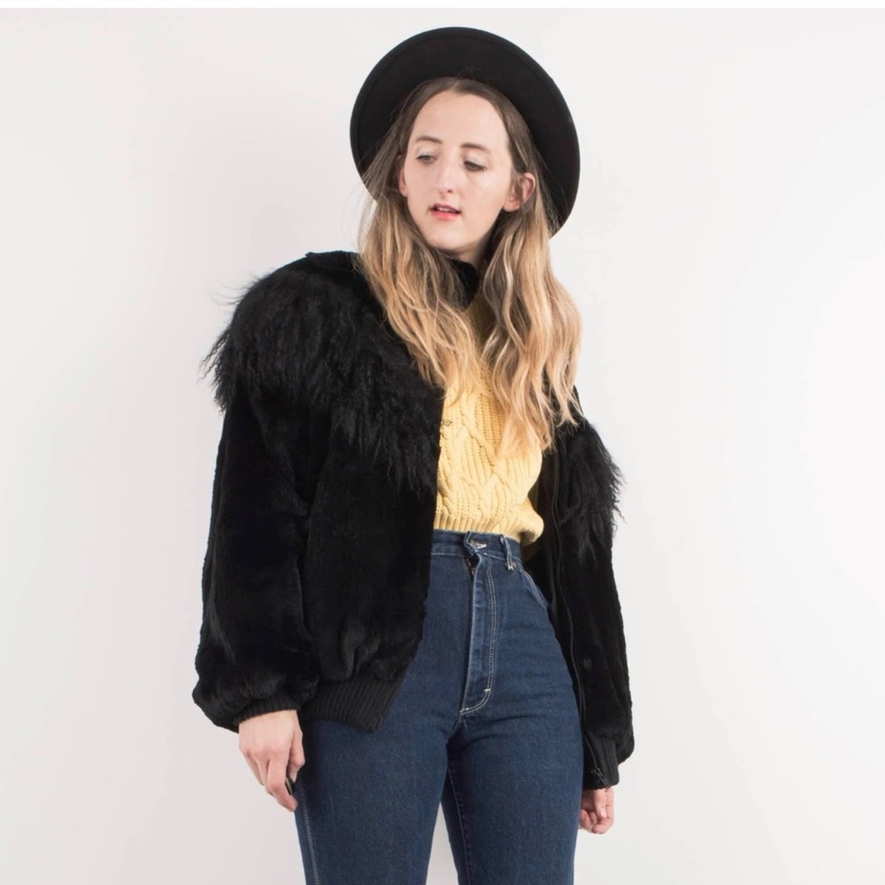 Vintage Black Rabbit Fur Bomber Jacket